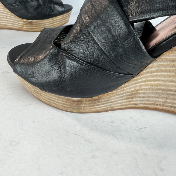 Seychelles Sandals Womens 8.5 Black Leather Wedge Stacked Heel Criss‎ Cross - Picture 12 of 15